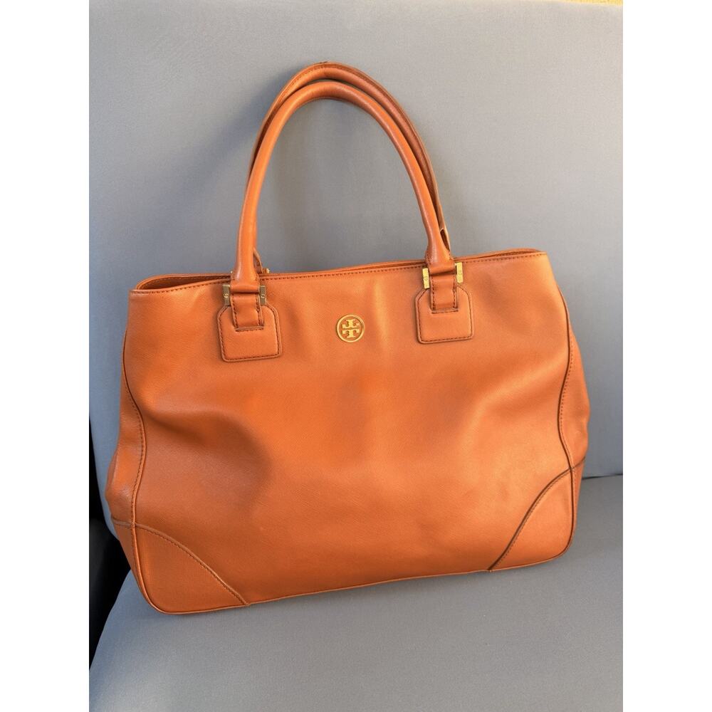 Tory Burch Robinson Saffiano Leather Tote Bag Cognac Brown Zip Satchel 16 Inch - Picture 2 of 16